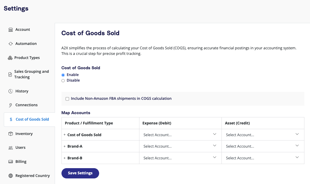 A2X Settings, Cost of Goods Sold account mapping by product type